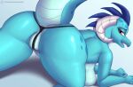  absurd_res anthro anus big_butt blue_body blue_scales bodily_fluids breasts butt clothed clothing dragon female friendship_is_magic genital_fluids hasbro hi_res my_little_pony nexcoyotlgt non-mammal_breasts princess_ember_(mlp) pussy_juice raised_tail scales scalie solo thong topless underwear 