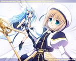  blonde_hair blue_eyes blue_hair book book_of_the_azure_sky fingerless_gloves fujieda_miyabi gloves hair_ornament hat long_hair lyrical_nanoha magical_girl mahou_shoujo_lyrical_nanoha_strikers minigirl multiple_girls open_mouth reinforce_zwei schwertkreuz short_hair single_thighhigh smile staff thighhighs wallpaper x_hair_ornament yagami_hayate 