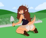  anthro bottomless butt clothed clothing dinosaur exposed_butt female goodbye_volcano_high hi_res looking_back marcodile outside reptile rosa_(gvh) scalie snoot_game_(fan_game) solo upskirt 