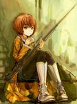  against_wall anti-materiel_rifle black_legwear boots braid conjaku darker_than_black green_eyes gun hair_over_shoulder looking_at_viewer pantyhose ptrd-41 red_hair rifle single_braid sitting skirt sniper_rifle solo suou_pavlichenko weapon yellow_eyes 