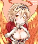  angel_wings blonde_hair blush braid breasts capelet cleavage covered_nipples crown_braid fur_trim halo large_breasts marshmallow_mille puzzle_&amp;_dragons red_capelet rozuel_(p&amp;d) smile solo tears tiara twitter_username upper_body wings yellow_eyes 