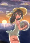  :d ball bare_shoulders beachball black_hair burn_scar cloud dorei_to_no_seikatsu_~teaching_feeling~ from_side grey_eyes happy hat hat_ribbon highres long_hair looking_at_viewer ocean one-piece_swimsuit open_mouth ribbon scar smile solo sun_hat sunset swimsuit sylvie_(dorei_to_no_seikatsu) tom-brown water 