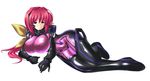 absurdres ahoge blush bodysuit breasts commentary_request covered_navel covered_nipples gloves hair_intakes highres kagami_sumika large_breasts long_hair looking_at_viewer lying muvluv open_mouth pilot_suit pink_bodysuit red_hair skin_tight solo very_long_hair yakkey 