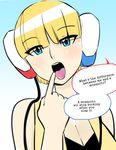  1girl blonde_hair blue_eyes blush cleavage gym_leader kamitsure_(pokemon) looking_at_viewer open_mouth pokemon tongue_out 