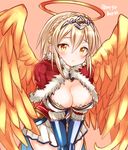  :&lt; angel_wings blonde_hair blush braid breasts capelet cleavage crown_braid fur_trim gloves halo hands_on_legs large_breasts leaning_forward marshmallow_mille puzzle_&amp;_dragons red_capelet rozuel_(p&amp;d) skirt solo tiara twitter_username wings yellow_eyes 