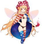  alternate_legwear american_flag_legwear bad_id bad_twitter_id black_bra black_panties blonde_hair blush borrowed_design bra cape clownpiece commentary_request fairy_wings hajin hat jester_cap long_hair looking_at_viewer midriff navel open_mouth panties print_legwear red_eyes simple_background smile solo star striped thighhighs touhou underwear white_background wings 