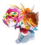  artist_name dragon dragon_tamer_tristana earrings feet fur_trim gauntlets goggles goggles_on_head jewelry league_of_legends mizoreame necklace pink_hair pointy_ears short_hair smile solo toes tristana yellow_eyes yordle 
