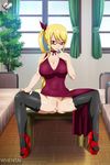  blonde_hair breasts dress fairy_tail glasses high_heels legwear lucy_heartfilia open_legs open_mouth pussy shaved_pussy uncensored 