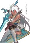  armor armored_dress bare_shoulders black_legwear breastplate dark_skin faulds granblue_fantasy greaves hair_between_eyes highres huge_weapon long_hair looking_at_viewer over_shoulder red_eyes sitting smile solo sword sword_over_shoulder tetsu_(kimuchi) thighhighs weapon weapon_over_shoulder white_hair zooey_(granblue_fantasy) 