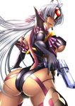  antenna_hair armor ass black_gloves blue_eyes boots breasts crotch_seam cyborg dark_skin eyelashes finger_on_trigger garter_straps gloves gun handgun headband holding holding_gun holding_weapon large_breasts lens_flare leotard licking_lips long_hair looking_at_viewer looking_back shunzou silver_hair simple_background solo t-elos thigh_boots thighhighs tongue tongue_out underboob weapon white_background xenosaga 