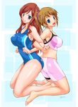  abe_tsukumo back-to-back bike_shorts blue_background blue_eyes breasts brown_hair character_name competition_swimsuit from_side full_body gundam gundam_build_fighters gundam_build_fighters_try highres hoshino_fumina kamiki_mirai large_breasts long_hair looking_at_viewer multiple_girls one-piece_swimsuit open_mouth ponytail red_hair scrunchie smile sports_bra swimsuit 