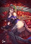  arm_support ass bare_shoulders belt black_footwear black_legwear breasts broken brown_hair cleavage closed_mouth flower from_above granblue_fantasy hair_between_eyes hair_flower hair_ornament high_heels highres jewelry large_breasts leaf long_hair looking_at_viewer lying mkd78236 necklace on_side panties pantyshot pantyshot_(lying) petals plant purple_eyes purple_flower purple_rose rose rosetta_(granblue_fantasy) shoes signature smile solo thighhighs underwear very_long_hair vines white_flower white_rose 