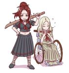  2girls blind blush chaos_witch_quelaag cigarette cleavage dark_souls delinquent from_software multiple_girls ponytail quelaag's_sister red_hair sisters souls_(from_software) wheelchair white_hair 