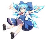  blue_dress blue_eyes blue_hair cirno commentary_request dress full_body hair_ornament hair_ribbon ice ice_wings looking_at_viewer nogisaka_kushio open_mouth outstretched_arms puffy_sleeves ribbon shoes short_hair short_sleeves socks solo touhou transparent_background white_legwear wings 