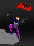  2016 action_pose anthro armor assault_rifle avian avian_(starbound) beak clothed clothing digital_media_(artwork) eyewear feathers flag g36kv goggles gun kittysune2000 maladash male open_mouth ranged_weapon red_feathers rifle rubble simple_background solo starbound video_games weapon 