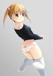 ass brown_eyes brown_hair butt_crack from_behind leg_lift long_hair looking_back no_pants original panties shibacha shirt shirt_lift simple_background solo standing standing_on_one_leg striped striped_panties thighhighs twintails underwear white_legwear 