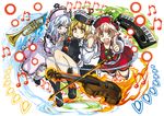  beamed_eighth_notes blonde_hair blue_eyes blue_hair boots brown_hair commentary_request danmaku full_body hat holding_hands instrument izuna_nie keyboard_(instrument) light_brown_eyes long_sleeves looking_at_viewer lunasa_prismriver lyrica_prismriver merlin_prismriver multiple_girls musical_note one_eye_closed open_mouth pointing shirt short_hair siblings sisters skirt skirt_set smile touhou trumpet vest violin white_background yellow_eyes 