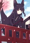  animal_ears bad_id bad_pixiv_id black_hair cherry_blossoms cloud cloudy_sky day fox_ears fox_tail gun holding holding_weapon imi_uzi long_hair looking_at_viewer looking_back nekomo original petals red_eyes sky smile solo submachine_gun tail tree weapon wide_sleeves 