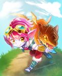  artist_name dragon dragon_tamer_tristana earrings feet fur_trim gauntlets goggles goggles_on_head grass jewelry league_of_legends mizoreame necklace pink_hair pointy_ears short_hair smile toes tristana yellow_eyes yordle 