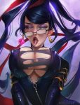  1girl bayonetta bayonetta_(character) breasts candy drooling earrings erect_nipples erect_nipples_under_clothes female food huge_breasts jewelry large_breasts lollipop long_hair minory mole mole_under_mouth nipples open_mouth saliva solo torn_clothes watermark zipper 