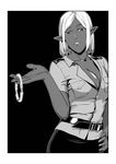  belt breasts cleavage collar collarbone contrapposto dark_elf dark_skin elf greyscale hand_on_hip jing_mian_tu large_breasts looking_at_viewer monochrome parted_lips pointy_ears short_hair simple_background solo standing uniform 