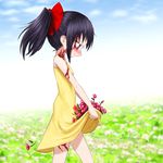  bare_shoulders black_hair blush bow burn_scar carrying commentary day dorei_to_no_seikatsu_~teaching_feeling~ dress field flower flower_field hair_bow highres nature outdoors ponytail profile sat-c scar skirt_basket sleeveless sleeveless_dress smile solo sylvie_(dorei_to_no_seikatsu) yellow_dress 