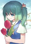  ainy77 ascot bad_id bad_pixiv_id blue_eyes daiyousei fairy_wings flower green_hair hair_ribbon looking_at_viewer ribbon shirt short_sleeves side_ponytail smile solo touhou tulip vest wings 