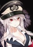  1girl armband bangs bare_shoulders black_background black_hat black_vest breasts cleavage closed_mouth collarbone commentary_request eyebrows_visible_through_hair fur_trim girls_frontline goyain hair_between_eyes hat highres iron_cross kar98k_(girls_frontline) long_hair medium_breasts peaked_cap red_eyes shirt silver_hair simple_background sleeveless sleeveless_shirt solo upper_body vest white_shirt 