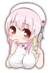  bad_id bad_pixiv_id blush breasts hat headphones idu_michito large_breasts long_hair looking_at_viewer nitroplus nurse nurse_cap pink_eyes pink_hair solo super_sonico syringe upper_body 