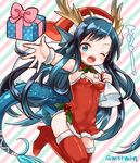  ;d antlers bangs black_hair blue_eyes blue_hair boots box breasts diagonal_stripes dress fish_tail fur-trimmed_boots fur_trim gift gift_box head_fins high_heel_boots high_heels holly karin_(p&amp;d) long_hair marshmallow_mille one_eye_closed open_mouth puzzle_&amp;_dragons red_footwear red_legwear reindeer_antlers sack santa_boots santa_costume short_dress small_breasts smile solo striped striped_background swept_bangs tail thigh_boots thighhighs twitter_username v-shaped_eyebrows very_long_hair wristband 