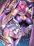  armor bare_shoulders black_gloves blue_eyes breasts cameltoe cross cross_necklace drill_hair elbow_gloves garters gigantic_breasts gloves habit huge_breasts jewelry lips long_hair megane_man mole mole_under_mouth necklace nun original pink_hair solo staff thighs very_long_hair 