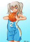  &gt;:) absurdres alternate_costume armpits ball bangs bare_shoulders basketball basketball_uniform blue_background blue_eyes blue_shorts blush body_blush closed_mouth clothes_writing cowboy_shot denver_nuggets gradient gradient_background gradient_hair gym_shorts highres holding holding_ball kantai_collection kashima_(kantai_collection) kashisu_mint legs_together long_hair looking_at_viewer multicolored_hair national_basketball_association number short_hair short_twintails shorts side_slit silver_hair single_vertical_stripe smile solo sportswear sweat tan tank_top twintails twitter_username v-shaped_eyebrows 