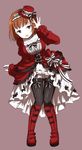  :d alternate_costume ayatsuji_haruka bad_id bad_pixiv_id black_bow black_legwear boots bow breasts brown_eyes brown_hair dress frills full_body garter_straps gothic_lolita hat hat_ribbon knee_boots knees_together_feet_apart leaning_forward lolita_fashion long_sleeves medium_breasts mini_hat mini_top_hat open_mouth rakugaki_man red_dress red_footwear red_hat ribbon short_hair simple_background smile solo standing striped striped_bow thigh_gap thighhighs top_hat world_trigger 