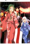  :d alternate_costume blurry calendar_(medium) depth_of_field festival green_eyes green_hair highres japanese_clothes kantai_collection kikuzuki_(kantai_collection) kimono lampion long_hair multiple_girls nagatsuki_(kantai_collection) official_art open_mouth red_eyes revision september smile walking white_hair yadokari_(migihashi) yukata 