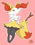  anthro black_fur braixen canine female fox fur inner_ear_fluff jetfrozen mammal nintendo paws pok&eacute;mon red_eyes red_fur red_nose simple_background solo stick video_games white_fur yellow_fur 