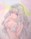  bikini breasts cleavage hairband highres idolmaster idolmaster_(classic) long_hair looking_at_viewer medium_breasts shijou_takane silver_hair solo swimsuit traditional_media watercolor_(medium) yuyu_(00365676) 