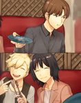  2boys :t ^_^ bad_id bad_pixiv_id bangs black_hair black_shirt blonde_hair brown_eyes brown_hair closed_eyes closed_mouth collared_shirt comic dress_shirt hatohara_mirai holding holding_plate indoors inukai_sumiharu jacket laughing long_sleeves looking_away looking_to_the_side maruishi multiple_boys ninomiya_masataka out_of_frame plate pout shirt short_hair sitting smile t-shirt tongs world_trigger 