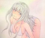  bikini breasts cleavage hairband highres idolmaster idolmaster_(classic) large_breasts long_hair looking_at_viewer shijou_takane silver_hair smile solo swimsuit traditional_media watercolor_(medium) yuyu_(00365676) 