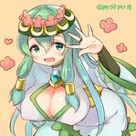  :d aqua_eyes aqua_hair breasts brooch ceres_(p&amp;d) cleavage_cutout covered_nipples hair_tubes hand_up head_wreath jewelry large_breasts leaning_forward long_hair marshmallow_mille open_mouth puzzle_&amp;_dragons ring smile solo twitter_username wedding_band 