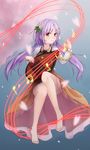  barefoot beamed_sixteenth_notes biwa_lute blue_background chain cherry_blossoms dress eighth_note flower full_body gradient gradient_background hair_flower hair_ornament highres instrument lavender_hair long_hair long_sleeves looking_at_viewer low_twintails lute_(instrument) music musical_note orange_eyes petals pita_(pitaani-223) playing_instrument quarter_note smile solo touhou tsukumo_benben twintails 