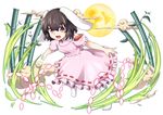  :d animal_ears bamboo bamboo_forest brown_hair bunny_ears bunny_tail carrot_necklace commentary_request danmaku dress forest full_body full_moon inaba_tewi jewelry looking_at_viewer moon nature nogisaka_kushio open_mouth pendant pink_dress puffy_short_sleeves puffy_sleeves red_eyes short_hair short_sleeves simple_background smile solo tail touhou white_background white_legwear 