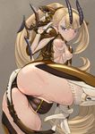  ass blonde_hair blue_eyes breasts cameltoe highres horns long_hair musen-shiki_sanhankikan nipples original partially_visible_vulva small_breasts solo sweat thighhighs weapon 