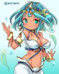  aqua_eyes aqua_hair bracelet breasts bubble cameltoe cleavage dark_skin earrings feathers hair_feathers hair_tubes headdress jewelry large_breasts marshmallow_mille midriff parted_lips puzzle_&amp;_dragons sarasvati_(p&amp;d) short_hair solo twitter_username underwater 
