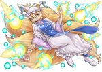  :&gt; blonde_hair breasts commentary_request danmaku dress energy_ball fox_tail frills full_body hat kyuubi large_breasts long_sleeves looking_at_viewer mob_cap multiple_tails ofuda phenne pillow_hat short_hair solo tabard tail tassel touhou v-shaped_eyebrows white_background white_dress wide_sleeves yakumo_ran yellow_eyes 