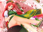  3d blue_eyes braid breasts chair china_dress chinese_clothes crossed_legs dress flower glasses hat highres hong_meiling kurogoma_(meganegurasan) lace large_breasts leaf legs long_hair mikumikudance petals red_hair sitting solo thighs touhou 