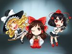  3girls :d apron ascot black_dress black_footwear black_hair black_ribbon black_skirt blonde_hair bow broom broom_riding brown_eyes brown_hair buttons camera chibi commentary cup danmaku!! detached_sleeves dress frilled_dress frilled_skirt frills geta hair_bow hair_tubes hakurei_reimu hat hat_bow holding holding_camera holding_cup kirisame_marisa looking_at_viewer m._beatriz_garcia mary_janes multiple_girls one_eye_closed open_mouth puffy_sleeves red_bow red_eyes red_footwear ribbon round_teeth seiza shameimaru_aya shirt shoes short_hair short_sleeves simple_background sitting skirt skirt_set smile socks teacup teeth tengu-geta tokin_hat touhou waist_apron white_bow white_legwear white_shirt wide_sleeves witch_hat yellow_eyes 