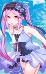  bare_shoulders beads black_ribbon bonnet bow choker cloud day dress euryale fate/grand_order fate/hollow_ataraxia fate_(series) flower frilled_dress frills hairband headdress jewelry lolita_hairband long_hair looking_at_viewer necklace open_mouth purple_eyes purple_hair ribbon shisei_(kyuushoku_banchou) signature sky sleeveless smile solo twintails very_long_hair white_dress 