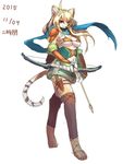  armor arrow big_breasts bow_(weapon) braided_hair breasts clothing feline female gauntlets gloves hair hairband japanese_text knife legwear long_hair mammal navel ni_jikan paws quiver ranged_weapon scarf serval shoulder_pads signature simple_background solo text under_boob weapon white_background 