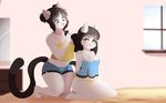  anthro black_hair breasts cat cleavage clothed clothing cute duo feline female fur hair heterochromia higgyy mammal panties shorts smile thick_thighs underwear white_fur 