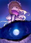  ainy77 bad_id bad_pixiv_id blonde_hair dress fan full_moon gap gloves gradient gradient_background hat hat_ribbon long_hair long_sleeves looking_at_viewer mob_cap moon night night_sky puffy_sleeves purple_eyes ribbon sky solo star_(sky) tabard touhou white_dress white_gloves wide_sleeves yakumo_yukari 